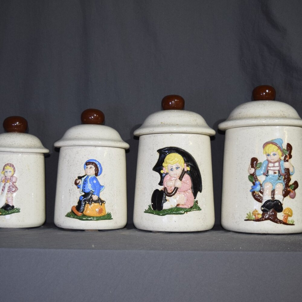 Vintage JSNY Hummel Style Ceramic Kitchen Canister Set of 4